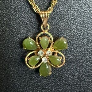 Jade and Rhinestone Gold Plated  Pendant Necklace